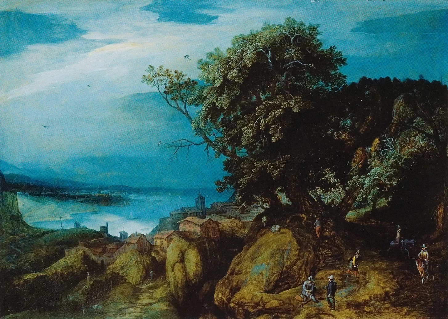 Paesaggio fluviale roccioso con viaggiatori su un passo di montagna vicino a una città sull'acqua, datato 1608